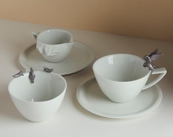 Handgefertigtes Tassen-Set, Doppel-Espressotassen und Milchkännchen, Tiertassen mit Vögeln und Robben, Geschenk für Sie und für Ihn