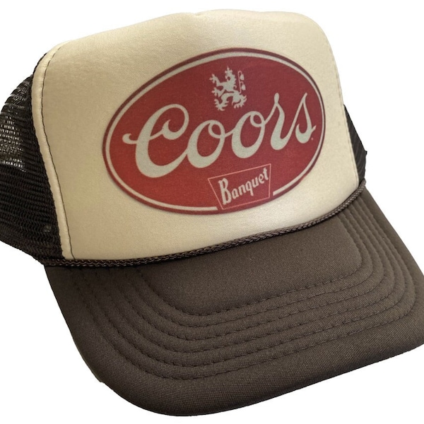 Coors Banquet Trucker Hat Vintage Inspired Tan and Brown Trendy Unisex Beer Drinking Party Mesh Snapback Adjustable Retro Cap