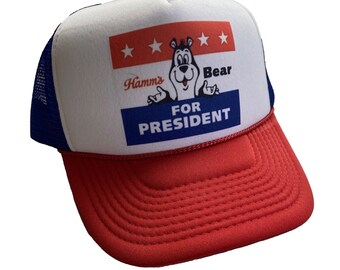 Hamm's Bear for President Trucker Hat Retro 80's Style Funny Presidential Trendy Red White and Blue Foam Mesh Snapback Beer Trucker Hat Cap