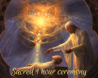 May include: A digital illustration featuring a person in white robes performing a ritual on a reclining figure. Above them, a glowing orange and yellow energy pattern radiates light. The text reads Divine vibrational healing and Sacred 1 hour ceremony.