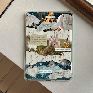 May include: Clear phone case with a collage design. The design includes a white deer, a castle, a sword, and text that reads "Through love, all is possible." and "Hello, Feyre Darling."