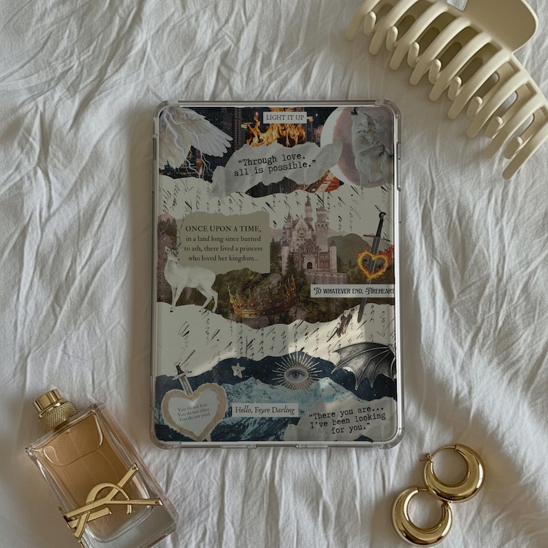 May include: A clear tablet case featuring a collage of fantasy-themed imagery, including a castle, a deer, a sword, and text excerpts such as "Through love, all is possible," "Once upon a time," and "There you are... I've been looking for you."