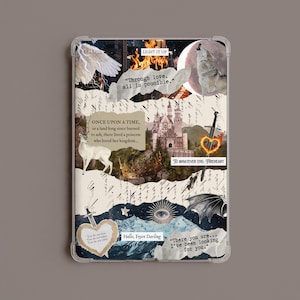 Könnte beinhalten: Eine transparente Tablethülle mit einer Collage aus Fantasy-Motiven wie einem Schloss, einem Wolf, einem Hirsch, einem Schwert und Flügeln. Die Texte umfassen "Through love, all is possible," "LIGHT IT UP," "TO WHATEVER END," und "Hello, Feyre Darling."