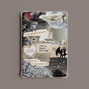 May include: A clear protective tablet case featuring a collage design with literary quotes including "Hello, Feyre darling" and "He was the one who let me out." The graphic includes a bat wing, a heart, a music player interface, and text reading "Night Court" and "High Lady" in a dark, atmospheric style.