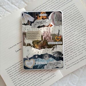 May include: A rectangular phone case featuring a collage of fantasy-themed imagery, including a castle, a wolf, a deer, swords, and hearts. Text overlays include "LIGHT IT UP," "Through love, all is possible," "ONCE UPON A TIME," and "Hello, Feyre Darling."