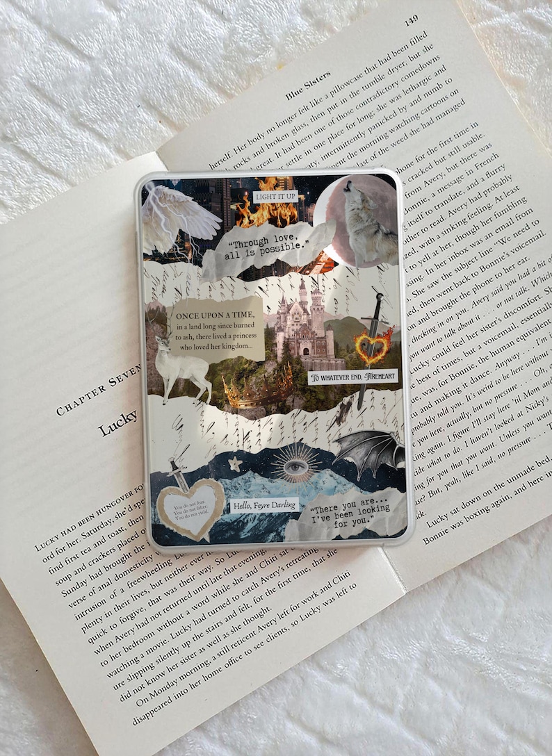 May include: A rectangular phone case featuring a collage of fantasy-themed imagery, including a castle, a wolf, a deer, swords, and hearts. Text overlays include "LIGHT IT UP," "Through love, all is possible," "ONCE UPON A TIME," and "Hello, Feyre Darling."