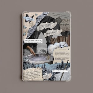 Könnte beinhalten: Eine rechteckige Tablethülle mit einem Collage-Design, das einen weißen Fuchs, ein Schwert, ein Steinbecken, Schmetterlinge und Textauszüge wie "Little Osha", "Most sacred", "He is the storm", "Quicksilver" und "Of course death was beautiful" zeigt.