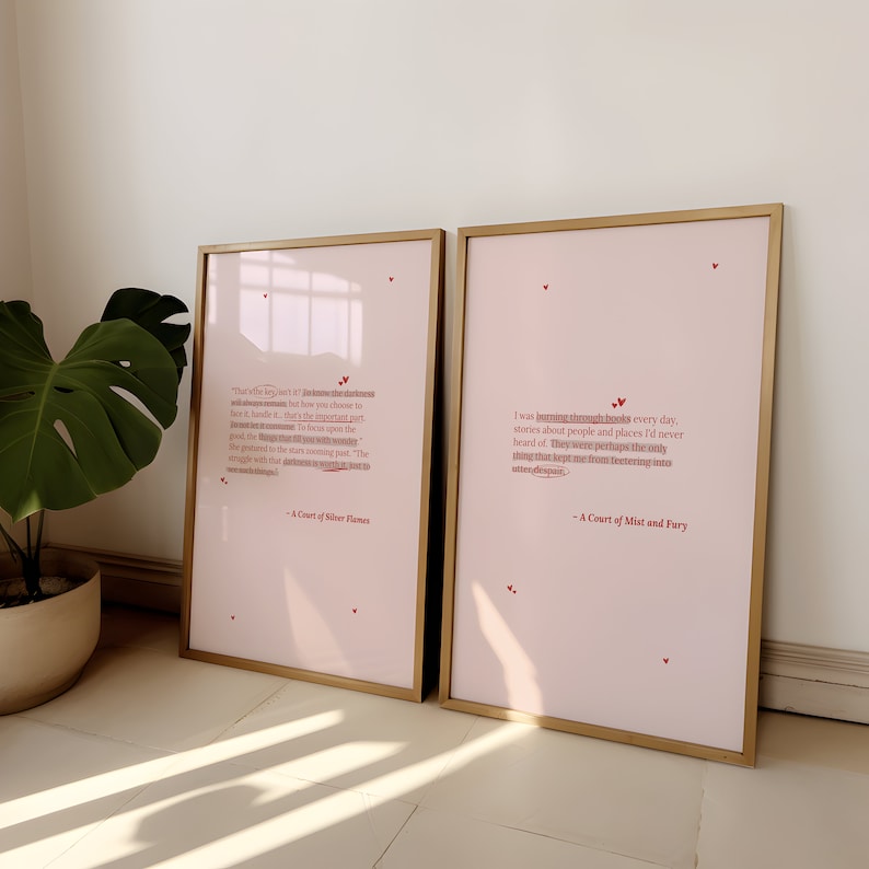 May include: Two framed prints with pink backgrounds and gold frames. The prints feature quotes from the book series "A Court of Thorns and Roses" by Sarah J. Maas. The quotes are: "That's the irony, isn't it? To know the darkness will always remain, but how you choose to face it, handle it...that's the important part. The focus upon the good, the things that will still remain...the gesture to the stars, you're wondering, the struggle with that darkness in work, to no avail, and though..." - A Court of Silver Flames and "I was learning through books every day, stories about people and places I'd never heard of. They were perhaps the only thing that kept me from teetering into utter despair." - A Court of Mist and Fury