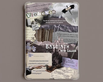 May include: A clear tablet case featuring a collage design with the text Basgiath War College, a silhouette of a dragon, a castle, a sword, a lighter with the text Burn It Down, a purple admit one ticket, and various literary quotes.