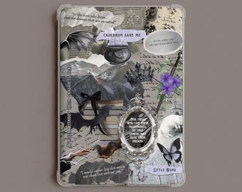 May include: A rectangular tablet case featuring a collage of fantasy-themed illustrations including a black cauldron, a crown, a sword, a dragon, a butterfly, and a mirror. Text overlays include quotes like "to the stars who listen" and "CAULDRON SAVE ME."