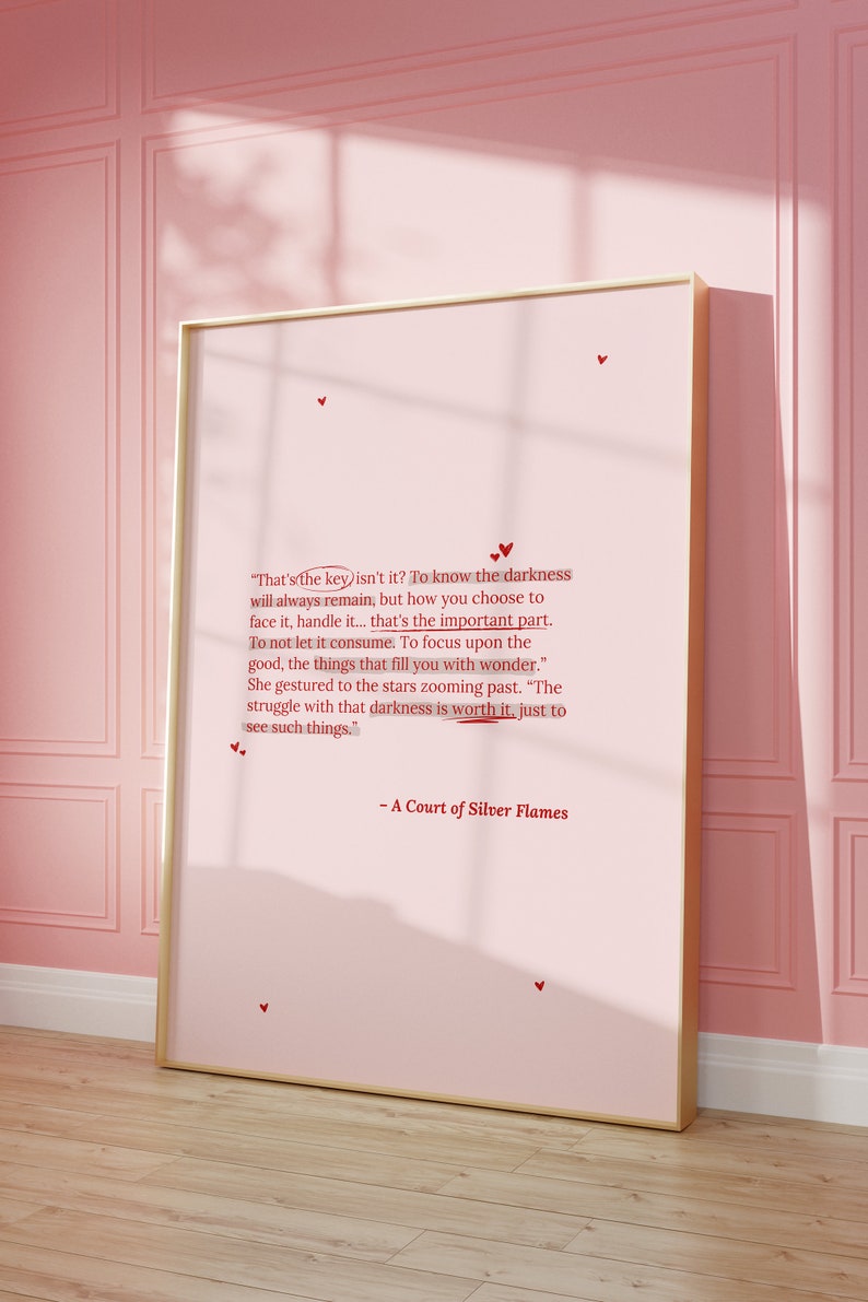 May include: A pink framed print with a quote from the book "A Court of Silver Flames" by Sarah J. Maas. The quote reads: "That's the key isn't it? To know the darkness will always remain, but how you choose to face it, handle it... that's the important part. To not let it consume. To focus upon the good, the things that fill you with wonder." She gestured to the stars zooming past. "The struggle with that darkness is worth it, just to see such things."