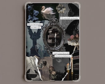 May include: A rectangular tablet case featuring a dark aesthetic collage with a central ornate mirror frame containing a stack of books and a candle. The design includes a white swan, black butterflies, a statue, roses, and text quotes on a dark background.