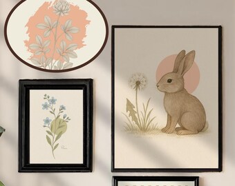 Conjunto de arte de pared vintage con diseño de conejo y flores para guardería, paquete de 3 impresiones, carta natal de regalo incluida.