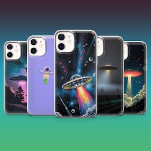 Funda de teléfono con diseño de ovni y abducción extraterrestre para iPhone 16, 15, 14, 13, 12, Samsung S25, S24, S23FE, S22, A16, A26, A56, Pixel 9Pro, 8A, 7