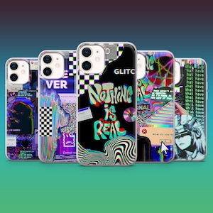 May include: A selection of phone cases with colourful, glitch-art designs. The cases display text such as "Nothing is Real" and "VER", alongside abstract patterns in blue, purple, and green. The cases have a glossy finish.