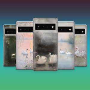 May include: A collection of five phone cases featuring swan paintings. Each case has a silver camera bar and a different artwork depicting swans on water, with varying color palettes of greens, pinks, and blues.