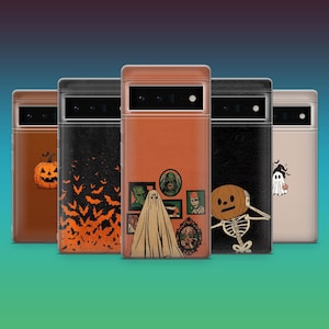 May include: Five phone cases with Halloween-themed designs. The cases feature images of a jack-o'-lantern, bats, a ghost, and classic monster portraits. The cases are in shades of orange, black, and beige.