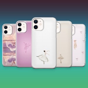 May include: Five phone cases with ballet-themed designs. The cases feature illustrations of ballerinas, ballet shoes, and clouds. The cases are in various colours, including white, pink, and beige, with a gradient background.
