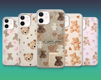 Teddy Bear Phone Case Kawaii Cute Animal Cover for iPhone 16e, 15Pro, 14, 13, 12, Samsung S25, S24, S23FE, A16, A26, A56, Pixel 9Pro, 8A, 7
