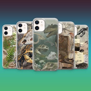 May include: Five phone cases with dinosaur-themed designs. The cases feature images of dinosaur skeletons, fossils, and illustrations. The color palette includes shades of green, brown, and beige, with a clear case design.