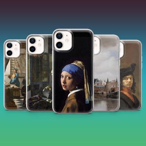 May include: A collection of phone cases featuring classic art prints. The cases display famous paintings, including "Girl with a Pearl Earring" by Johannes Vermeer, and other historical artworks. The cases have a clear, protective design.