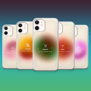 May include: Five smartphone cases with a gradient design in different colours. Each case displays a zodiac sign symbol and related characteristics in white text. The cases are designed for a mobile phone.