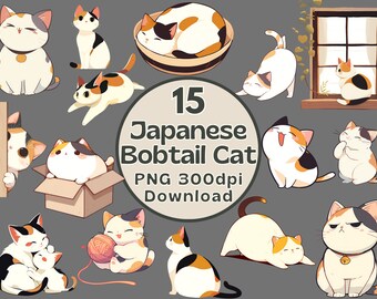 15 Japanische Bobtail Katzen Clipart, PNG 300 DPI für digitale Planer, zum Drucken, Schneiden von Aufklebern und Sublimation