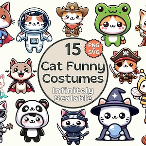15 Cat in Costumes Designs Cat Sublimation Kawaii Cat Funny Stickers  SVG Cool Cat Costumes Cat SVG Cat PNG Cute Cat Stickers