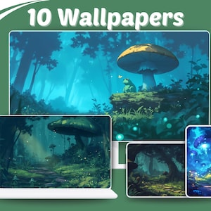 Papiers Peints De Forêt De Nuit, Inspiré De Ghibli, Milieux De Dessins Animés, Esthétique Japonaise, Forêt Lunatique, Motifs Champignons Lumineux, Forêt Mystique