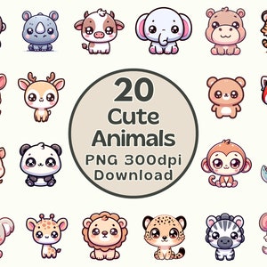 Cute Animal Clipart Bundle, Kawaii Animal PNG Bundle, Digital Stickers, Safari Animals Clipart, Wild Animals Clipart, Kawaii Animal Icons,