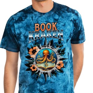 Book Kraken blue tie-dye shirt gift for book loving friend gifted bookish crewneck teacher reading t-shirt library day unique graphic tee Bild 1