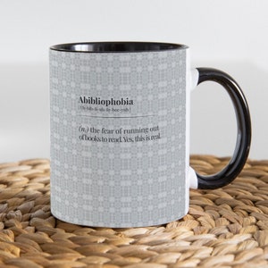 Ceramic abibliophobia coffee mug funny words definition mug gift for book loving friend gifting bookish librarian tea drinker mugful reader