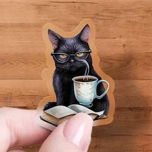 Vinyl black cat sticker gift scratch resistant easy peel sticker gothic witchy kitty die-cut sticker holographic cat with coffee