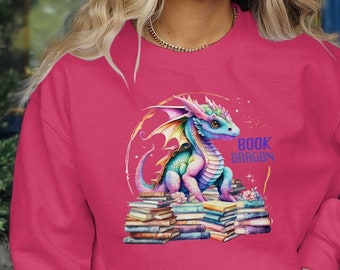 Book dragon teacher shirt, book lover gift for grade school, cute baby dragon bookish shirt, gift book loving librarian, reading sweatshirt