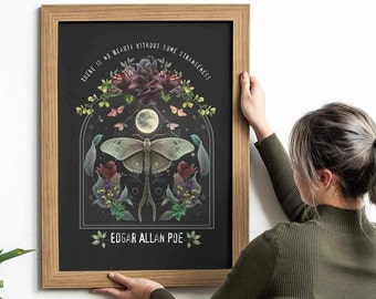 Edgar Allan Poe dark academia original design gift poster archival quality matte unique print gothic night garden with moon and lunar moth