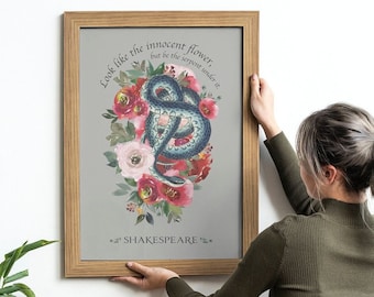 Shakespeare snake with roses literature quote poster gift wall art vintage snake illustration archival quality print original bookish design