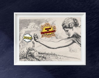 Comic book style vintage propaganda poster, modernized funny political illustration, feminist superhero print, vintage political wall art