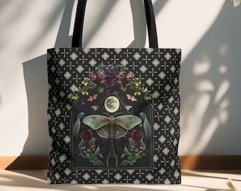 Lunar moth night garden tote bag, celestial moon goth aesthetic gift, everyday bag botanical fairycore, gifted dark academia floral tote-bag