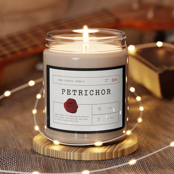 Petrichor nature lover glass jar candle natural soy wax blend English major gift wordsmith odd words gift for librarian