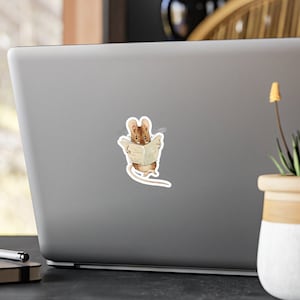 Vintage mouse vinyl sticker, kiss cut decal, cute mouse reading a book, gift for child reader, waterproof sticker removable, bookish gift