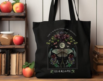 Edgar Allan Poe tote bag gift, lunar moth gothic tote, literary quote bookish gift, halloween dark academia vintage botanical tote gothic