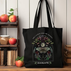 Edgar Allan Poe tote bag gift, lunar moth gothic tote, literary quote bookish gift, halloween dark academia vintage botanical tote gothic