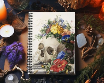 Skull day of the dead journal, vintage still life notebook for writer, diary for student, Hispanic culture gift spiral journal memento mori