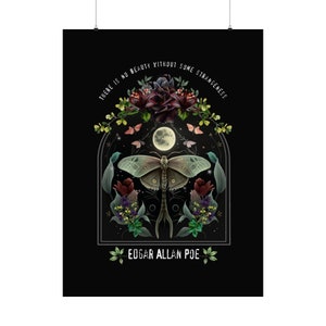 Edgar Allan Poe dark academia original design gift poster archival quality matte unique print gothic night garden with moon and lunar moth image 2