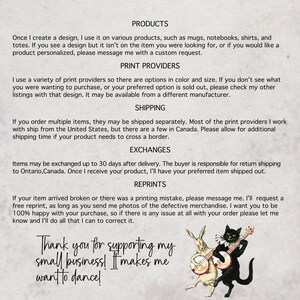 K&ouml;nnte beinhalten: Grafik mit Text &uuml;ber Produkte, Druckanbieter, Versand, Umtausch und Nachdrucke. Das Bild zeigt ein Kaninchen und eine schwarze Katze, die Instrumente spielen, mit dem Text "Vielen Dank f&uuml;r die Unterst&uuml;tzung meines kleinen Unternehmens! Es macht mich tanzw&uuml;tig!"