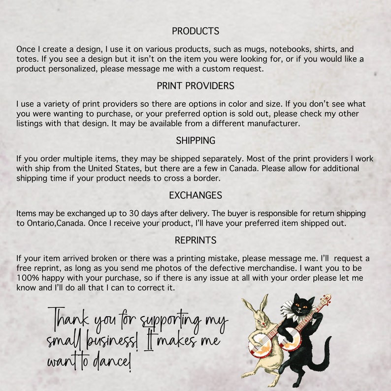 K&ouml;nnte beinhalten: Grafik mit Text &uuml;ber Produkte, Druckanbieter, Versand, Umtausch und Nachdrucke. Das Bild zeigt ein Kaninchen und eine schwarze Katze, die Instrumente spielen, mit dem Text "Vielen Dank f&uuml;r die Unterst&uuml;tzung meines kleinen Unternehmens! Es macht mich tanzw&uuml;tig!"