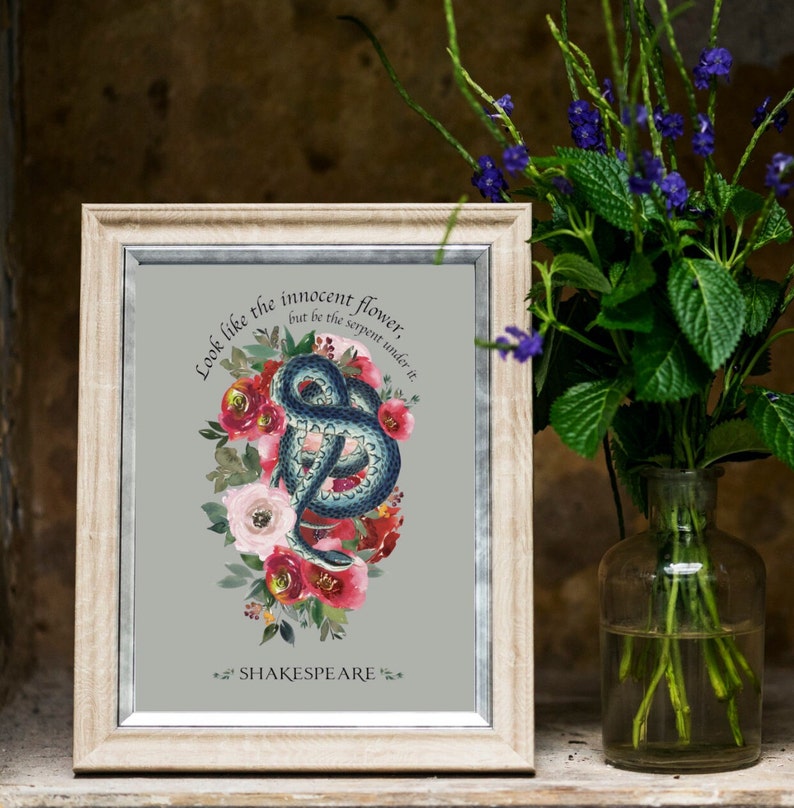 May include: A framed print featuring a watercolour illustration of a snake curled around pink and red flowers. The text "Look like the innocent flower, but be the serpent under it." and "SHAKESPEARE" are printed below the illustration.