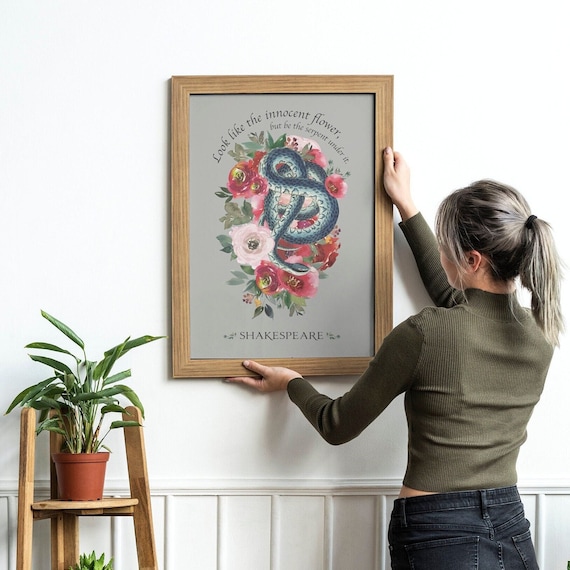 Shakespeare snake with roses literature quote poster gift wall art vintage snake illustration archival quality print original bookish design