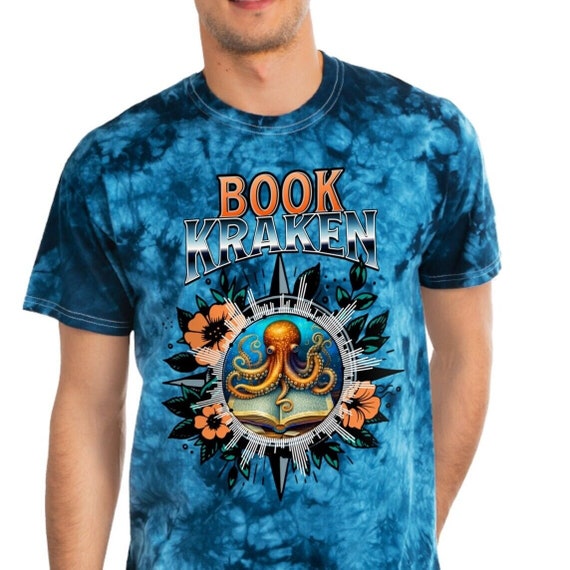 Book Kraken blue tie-dye shirt gift for book loving friend gifted bookish crewneck teacher reading t-shirt library day unique graphic tee