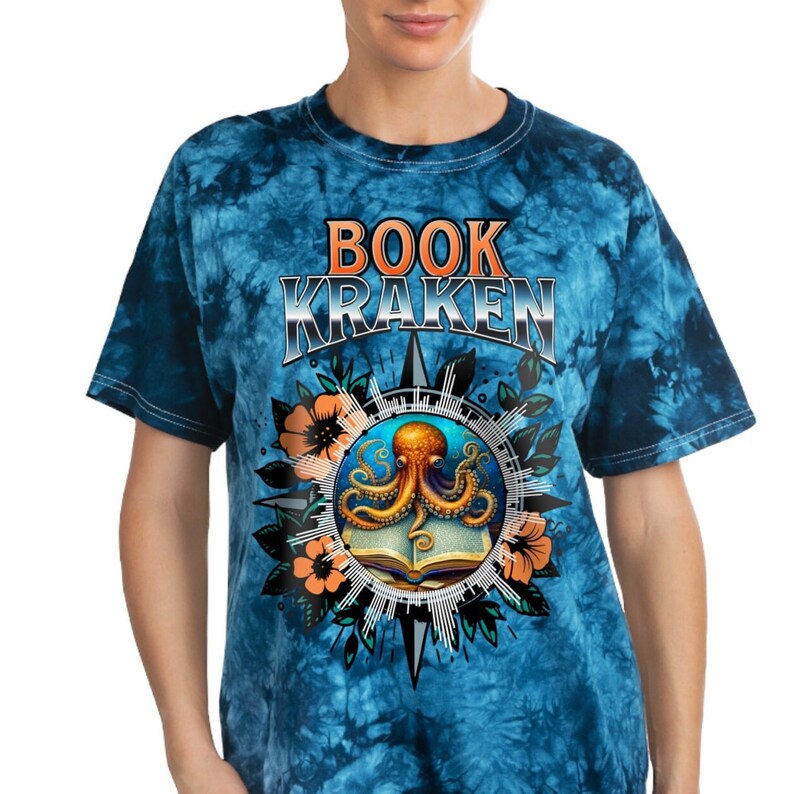 Book Kraken blue tie-dye shirt gift for book loving friend gifted bookish crewneck teacher reading t-shirt library day unique graphic tee Bild 3
